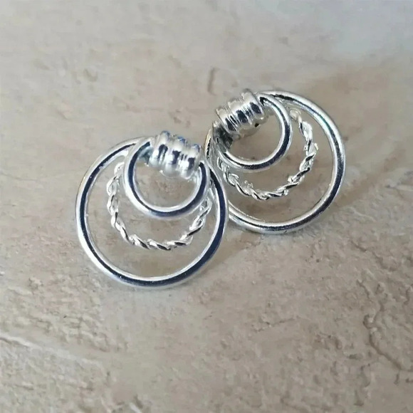 Art Deco Circles Hoop and Twist Sterling Silver Plated Stud Earrings - Picture 3 of 6